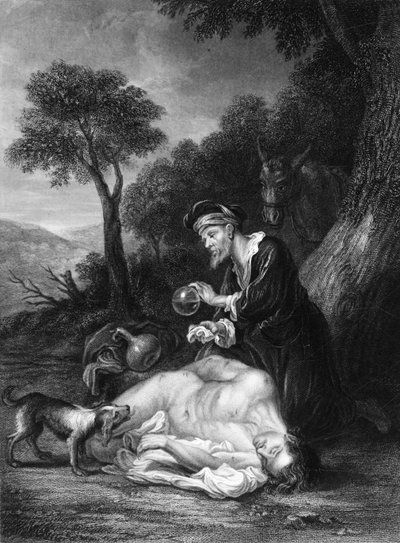 Vendó sus heridas, vertiendo aceite y vino, c1830s de G. H. Adcock