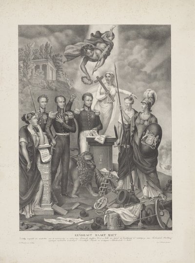 Alegoría del Pacto entre el Príncipe y el Pueblo, 1832 Eendragt hace que Magt / Zinnebeeldig se presente en memoria del glorioso y generoso Eendracht entre el Príncipe y el Pueblo con el fin de mantener y defender los derechos holandeses (título o de G. Havius Zanders