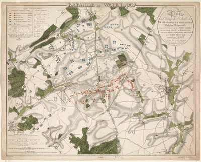 Kaart van de Slag bij Waterloo, 1815 Batalla de Waterloo / Plano del Campo de Batalla de Waterloo llamado Belle-Alliance. Victoria memorable ganada el 18 de junio de 1815 por los ejércitos aliados (...) (título sobre objeto) de G. Jacowick