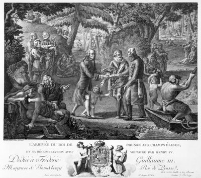 Henri IV (1553-1610) reconciliando a Federico Guillermo II (1744-97) y Voltaire (1694-1778) en los Campos Elíseos, segunda mitad del siglo XVIII de G. Texier