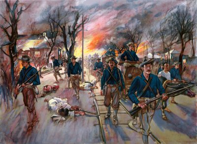 El tren de municiones y las reservas del Vigésimo Voluntarios de Kansas, Coronel Frederick Funston, marchando por Caloocan en la noche después de la batalla del 10 de febrero de G. W. Peters