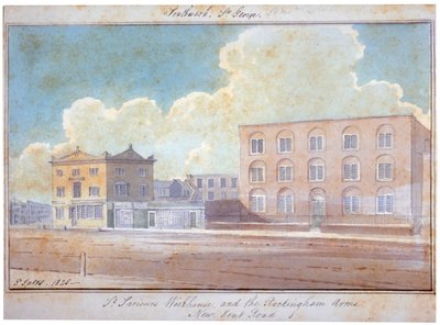 Asilo de St Saviour y la posada Rockingham Arms, New Kent Road, Southwark, Londres, 1825 de G Yates