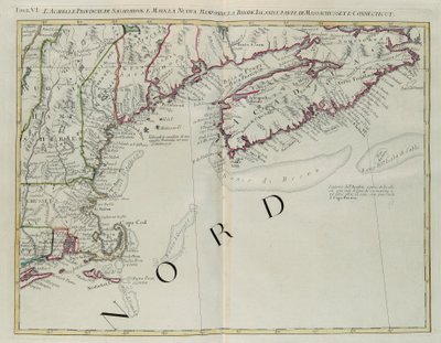 Acadia, las Provincias de Sagadahoc y Maine, New Hampshire, Rhode Island y parte de Massachusetts y Connecticut, grabado por G. Zuliani tomado del Tomo I del "Atlas Más Nuevo" publicado en Venecia en 1778 por Antonio Zatta, Colección Privada de G. Zuliani
