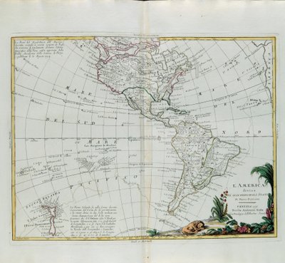 América dividida en sus principales estados, grabado por G. Zuliani tomado del Tomo I del Nuevo Atlas publicado en Venecia en 1776 por Antonio Zatta, Colección Privada de G. Zuliani