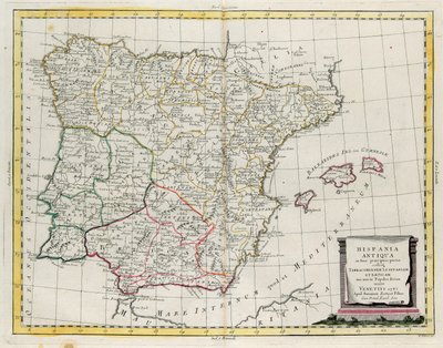 España antigua dividida en tres áreas distintas, a saber Terraconensis, Lusitania y Bética y también dividida en pueblos, grabado por G. Zuliani del "Atlas Más Nuevo" publicado en Venecia en 1785 por Antonio Zatta, Colección Privada de G. Zuliani