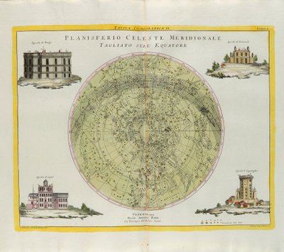 Placa cosmográfica del planisferio celeste del sur cortada en el ecuador, grabado por G. Zuliani tomado del Tomo I del Nuevo Atlas publicado en Venecia en 1777 por Antonio Zatta de G. Zuliani
