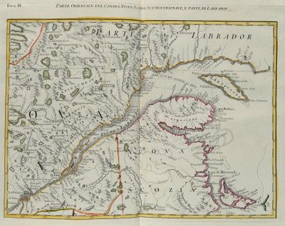 Parte oriental de Canadá, norte de Nueva Escocia y parte de Labrador, grabado por G. Zuliani tomado del Tomo I del "Atlas Más Nuevo" publicado en Venecia en 1778 por Antonio Zatta, Colección Privada de G. Zuliani