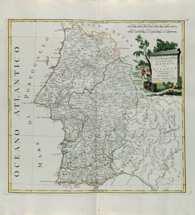 Extremadura de Portugal Alentejo o Algarve, grabado por G. Zuliani tomado del Tomo I del Nuevo Atlas publicado en Venecia en 1776 por Antonio Zatta, Colección Privada de G. Zuliani