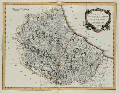 Abruzzo Superior e Inferior, grabado por G. Zuliani tomado del Tomo II del "Atlas Más Nuevo" publicado en Venecia en 1783 por Antonio Zatta, Colección Privada de G. Zuliani