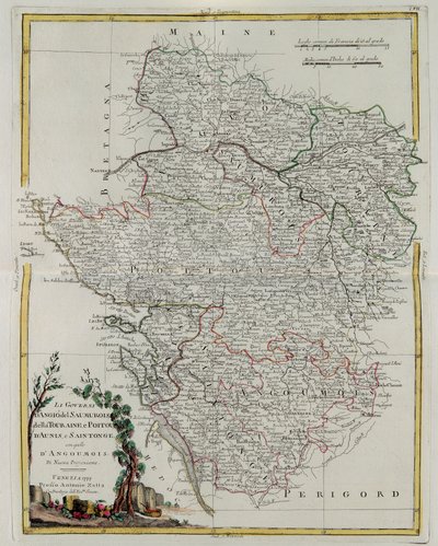 Gobernaciones de Anjou, Saumurois, Touraine y Poitou, Aunis y Saintonge con la de Angoumois, grabado por G. Zuliani tomado del Tomo I del Nuevo Atlas publicado en Venecia en 1777 por Antonio Zatta de G. Zuliani