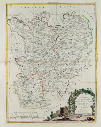 Gobernaciones de Borgoña, Franco Condado y Lyon, grabado por G. Zuliani tomado del Tomo I del Nuevo Atlas publicado en Venecia en 1777 por Antonio Zatta, Colección Privada de G. Zuliani