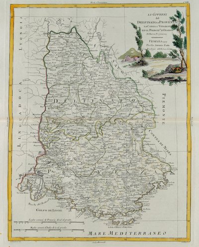 Gobernaciones de Delfinado, Provenza, el Condado de Venaissin y el Principado de Orange, grabado por G. Zuliani tomado del Tomo I del Nuevo Atlas publicado en Venecia en 1777 por Antonio Zatta, Colección Privada de G. Zuliani