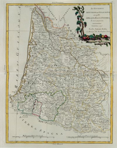 Gobernaciones de Guyena y Gascuña con la de Bearne y Baja Navarra, grabado por G. Zuliani tomado del Tomo I del Nuevo Atlas publicado en Venecia en 1776 por Antonio Zatta, Colección Privada de G. Zuliani