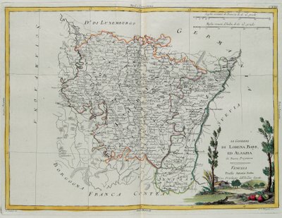 Gobernaciones de Lorena, Barr y Alsacia, grabado por G. Zuliani tomado del Tomo I del "Atlas Más Nuevo" publicado en Venecia por Antonio Zatta, Colección Privada de G. Zuliani
