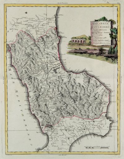 Calabria Citerior, grabado por G. Zuliani tomado del Tomo II del "Atlas Más Nuevo" publicado en Venecia en 1783 por Antonio Zatta, Colección Privada de G. Zuliani
