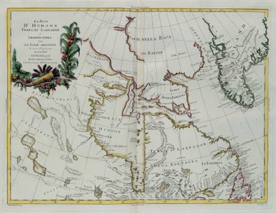 Bahía de Hudson, Tierra de Labrador y Groenlandia con las islas adyacentes, grabado por G. Zuliani tomado del Tomo I del "Atlas Más Nuevo" publicado en Venecia en 1778 por Antonio Zatta, Colección Privada de G. Zuliani