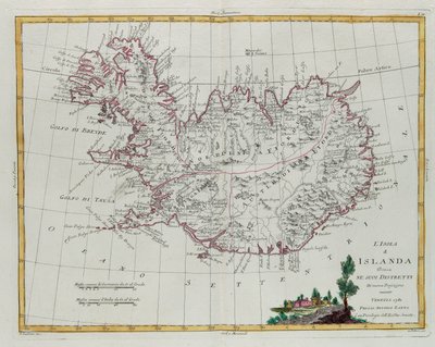 Islandia dividida en sus distritos, grabado por G. Zuliani tomado del Tomo III del "Atlas Más Nuevo" publicado en Venecia en 1781 por Antonio Zatta, Colección Privada de G. Zuliani