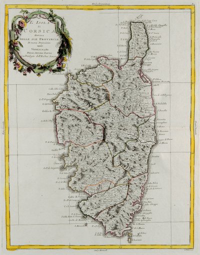 Isla de Córcega dividida en sus provincias, grabado por G. Zuliani tomado del Tomo II del "Atlas Más Nuevo" publicado en Venecia en 1782 por Antonio Zatta, Colección Privada de G. Zuliani