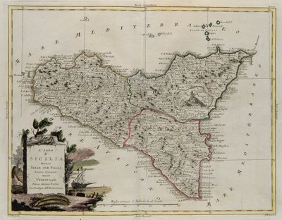 Isla de Sicilia, dividida en sus valles, grabado por G. Zuliani tomado del Tomo II del Nuevo Atlas publicado en Venecia en 1782 por Antonio Zatta, Colección Privada de G. Zuliani