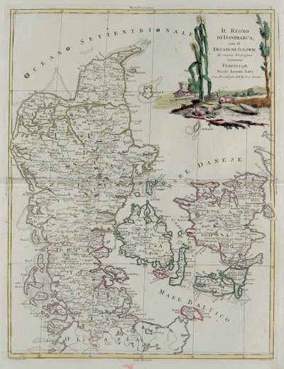 Reino de Dinamarca con el Ducado de Slesvik, grabado por G. Zuliani del "Atlas Más Nuevo" publicado en Venecia en 1781 por Antonio Zatta, Colección Privada de G. Zuliani
