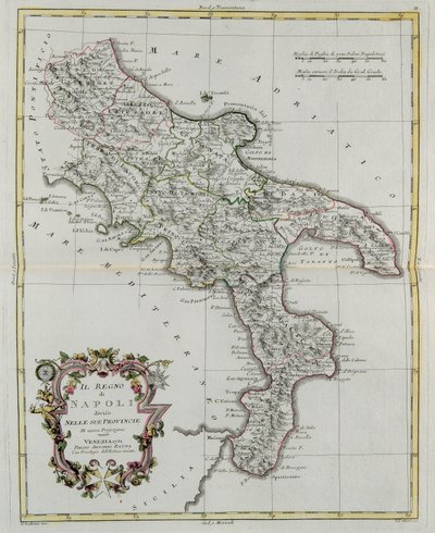 Reino de Nápoles dividido en sus provincias, grabado por G. Zuliani tomado del Tomo II del "Atlas Más Nuevo" publicado en Venecia en 1781 por Antonio Zatta, Colección Privada de G. Zuliani