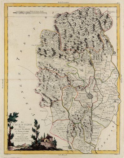 Área terrestre del Estado del Véneto: área de Vicenza dividida en sus obispados y magistraturas, grabado por G. Zuliani tomado del Tomo II del "Atlas Más Nuevo" publicado en Venecia en 1782 por Antonio Zatta, Colección Privada de G. Zuliani
