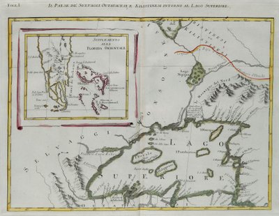 Tierra de los indios Ottawa y Kilistine alrededor del Lago Superior y un suplemento de la Florida oriental, grabado por G. Zuliani del "Atlas Más Nuevo" publicado en Venecia en 1778 por Antonio Zatta, Colección Privada de G. Zuliani