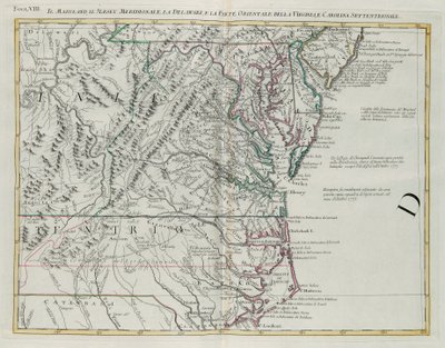 Maryland, sur de Nueva Jersey, Delaware y la parte oriental de Virginia y Carolina del Norte, grabado por G. Zuliani del "Atlas Más Nuevo" publicado en Venecia en 1778 por Antonio Zatta, Colección Privada de G. Zuliani