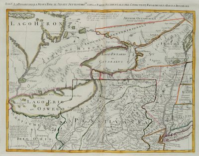 Pensilvania, Nueva York, sur de Nueva Jersey, con la parte occidental de Connecticut, Bahía de Massachusetts y Tierra de los Iroqueses, grabado por G. Zuliani tomado del Tomo I del "Atlas más nuevo" publicado en Venecia en 1778 por Antonio Zatta, Colección de G. Zuliani