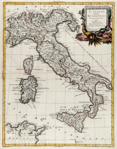 Mapa político de Italia, grabado por G. Zuliani tomado del Tomo II del "Atlas Más Nuevo" publicado en Venecia en 1782 por Antonio Zatta, Colección Privada de G. Zuliani