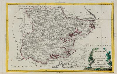 Provincia de Essex, grabado por G. Zuliani tomado del Tomo I del "Atlas Más Nuevo" publicado en Venecia en 1779 por Antonio Zatta, Colección Privada de G. Zuliani