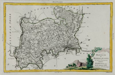 Provincia de Middlesex, grabado por G. Zuliani del "Atlas Más Nuevo" publicado en Venecia en 1779 por Antonio Zatta, Colección Privada de G. Zuliani