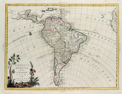 Sudamérica dividida en sus principales Estados, grabado por G. Zuliani tomado del Tomo IV del "Atlas Más Nuevo" publicado en Venecia por Antonio Zatta, Colección Privada de G. Zuliani