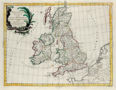 Las Islas Británicas en las que se encuentran Albion o Gran Bretaña e Ivernia o Pequeña Bretaña, grabado por G. Zuliani tomado del Tomo I del Nuevo Atlas publicado en Venecia en 1785 por Antonio Zatta de G. Zuliani