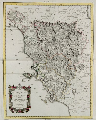 El Gran Ducado de Toscana dividido en sus provincias, grabado por G. Zuliani tomado del Tomo II del "Atlas Más Nuevo" publicado en Venecia en 1783 por Antonio Zatta, Colección Privada de G. Zuliani