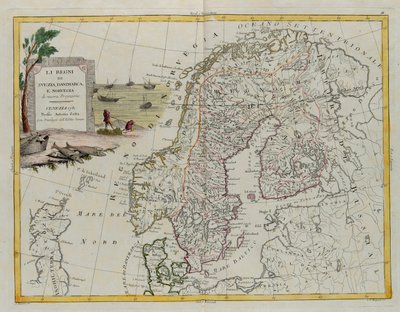Los Reinos de Suecia, Dinamarca y Noruega, grabado por G. Zuliani del "Atlas Más Nuevo" publicado en Venecia en 1781 por Antonio Zatta, Colección Privada de G. Zuliani