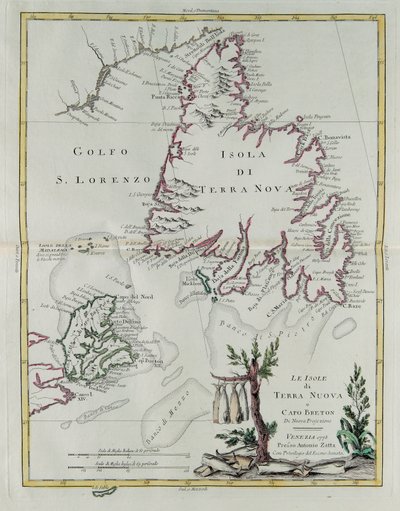 Las islas de Terranova y Cabo Bretón, grabado por G. Zuliani tomado del Tomo I del "Atlas Más Nuevo" publicado en Venecia en 1778 por Antonio Zatta, Colección Privada de G. Zuliani
