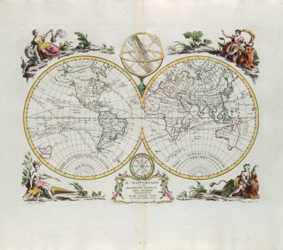 Mapa del mundo y una descripción general del globo, grabado por G. Zuliani tomado del Tomo I del Nuevo Atlas publicado en Venecia en 1774 por Antonio Zatta de G. Zuliani