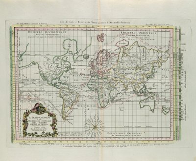 Mapa del Mundo y una descripción general del globo, reducido a una imagen, grabado por G. Zuliani tomado del Tomo I del "Atlas Más Nuevo" publicado en Venecia en 1774 por Antonio Zatta de G. Zuliani