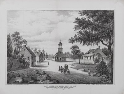 Iglesia Reformada Holandesa Antigua en 1776, dibujada por Miss Elizabeth Sleight en 1808, impresa para el Manual de la Ciudad de Brooklyn de H. McCloskey, 1864 de G. after Hayward