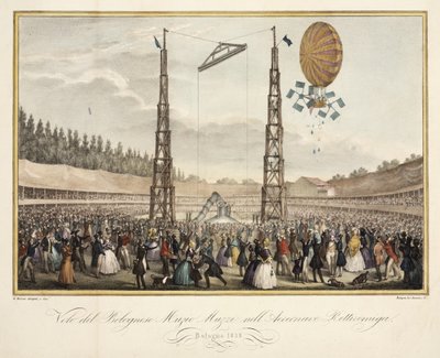 Vuelo del boloñés Muzio Muzzi (1809-46) en el dirigible Retirremiga, 1838 de G. after Meloni