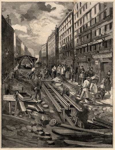 El funicular de Belleville, tendido de la vía, calle de Belleville en 1894. Grabado según el dibujo de M.G. de Burgrraff. En "The Illustrous World" de 1894. de G. de Burgraff