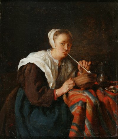 Mujer sentada fumando en pipa (óleo sobre tabla) de Gabriel (after) Metsu