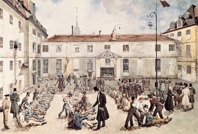 ""Los reclusos de la prisión de Bicetre están encadenados en el patio"" Acuarela de Gabriel Cloquemin (finales del siglo XVIII principios del siglo XIX) París Musée Carnavalet de Gabriel Cloquemin