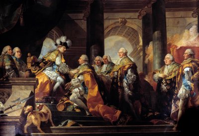 El rey Luis XVI (1754-1793) recibe en Reims el tributo de los Caballeros de la Orden del Espíritu Santo después de su consagración el 13/06/1775 (detalle) de Gabriel Francois Doyen
