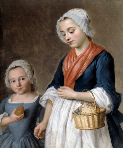 Niña conduciendo en clase Una madre sosteniendo el gusto de su pequeña hija en una cesta. Detalle de un cuadro de Gabriel Gresly (1712-1756) de Gabriel Gresly
