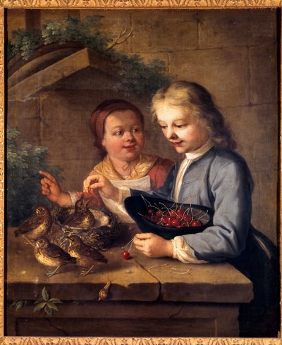 La beca de los niños de Dexu da cerezas a los pájaros. Pintura de Gabriel Gresly (1712-1756) Siglo XVIII Dijon, Museo de Bellas Artes de Gabriel Gresly