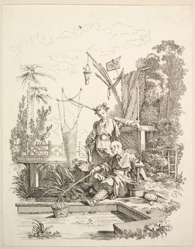 Un hombre y una mujer chinos pescando junto a un estanque, siglo XVIII de Gabriel Huquier
