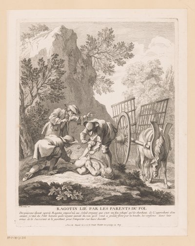 Ragotin durmiendo atado y secuestrado Ragotin lié par les fathers du fol (título sobre objeto) Escenas de Roman Comique de Scarron (título de la serie) de Gabriel Huquier
