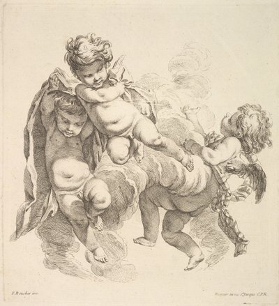 Tres niños entre nubes llevando una cortina de Gabriel Huquier